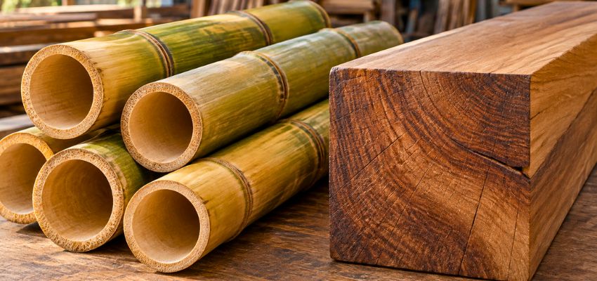 Cut bamboo tubes beside solid wood, comparing materials to answer is bamboo strong.