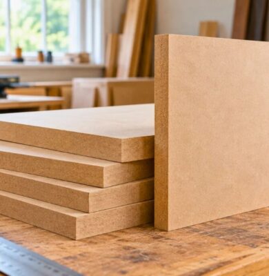 Raw MDF boards stacked in a workshop, showing the material behind what is mdf wood.