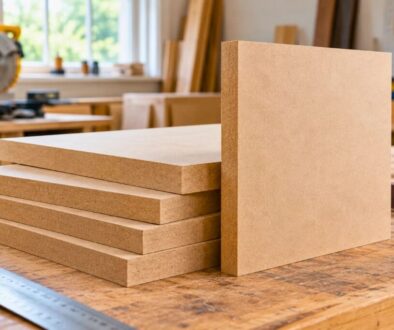 Raw MDF boards stacked in a workshop, showing the material behind what is mdf wood.