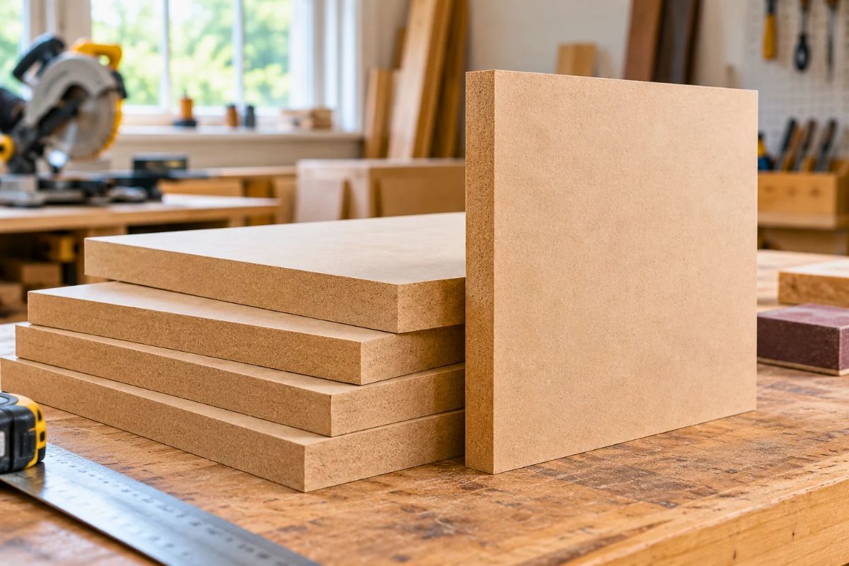 Raw MDF boards stacked in a workshop, showing the material behind what is mdf wood.