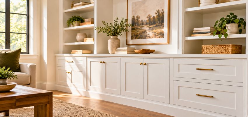 Painted built-in cabinets and shelves, a common application answering what is mdf wood.