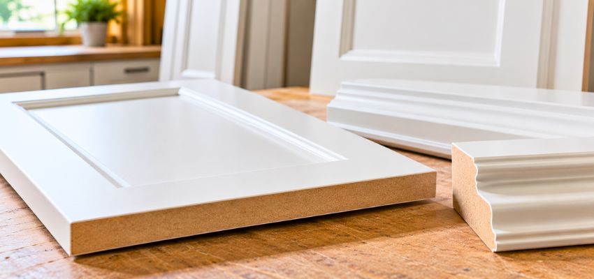 White cabinet doors and moldings with visible MDF edges illustrating what is mdf wood.